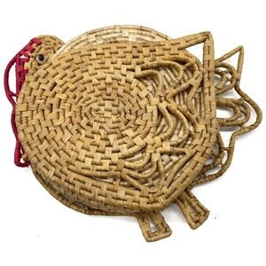 70s Wicker Straw Chicken Trivet Set Woven Rattan Pot Holder 3 Rattan Trivets